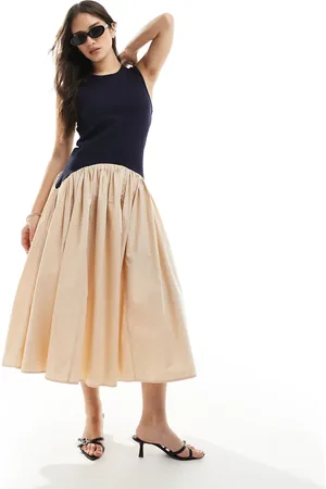 French Connection Jia drop waist midi dress in navy and cream