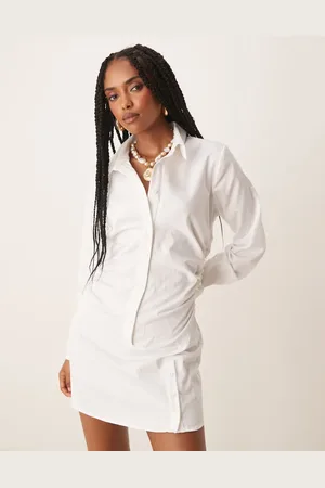 ASOS Cotton ruched waist shirt mini dress with flared sleeve in