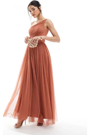 Lace & Beads Bridesmaid one shoulder maxi dress in terracotta