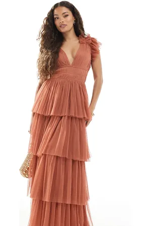 Lace & Beads Bridesmaid ruffle tiered tulle maxi dress in terracotta rose