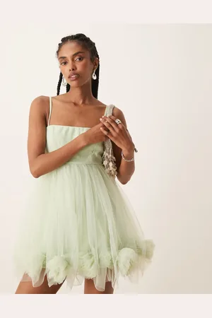 Lace & Beads Bubble hem babydoll tulle mini dress in pistachio
