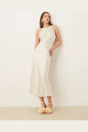 Gina Tricot High neck midi satin dress in light gold