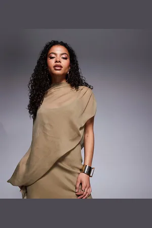 ASOS ASOS DESIGN Petite high neck draped asymmetric mini dress with cut-out in taupe