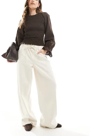 ONLY Tie waist wide leg jeans in ecru