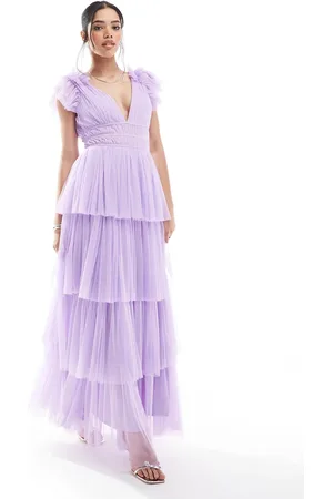 Lace & Beads Bridesmaid ruffle shoulder tulle maxi dress in lilac