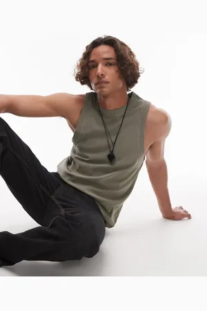 Topman High neck stripe rib knit tank top in washed sage