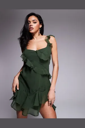 ASOS Raw edge frill mini dress with tie back in deep olive
