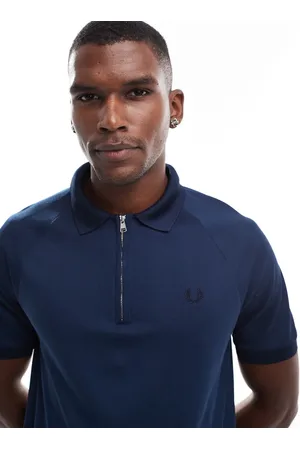 Fred Perry Jacquard zip sporty polo shirt in blue