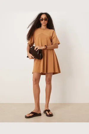 ASOS T-shirt mini swing dress with fringe back detail in rust