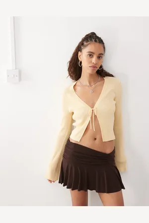 Monki Light weight cardigan with front tie in butter