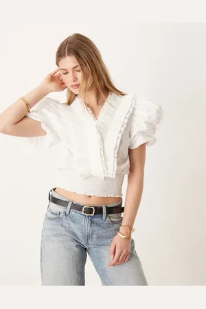 Y.A.S Puff sleeve pleated ruffle detail poplin top in