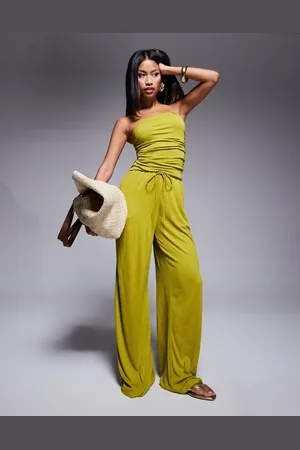 ASOS Crinkle tie waist wide leg pants in olive - part of a set