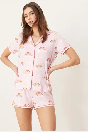 Urban Threads Camp collar short sleeve pajama shirt and shorts set in rainbow print
