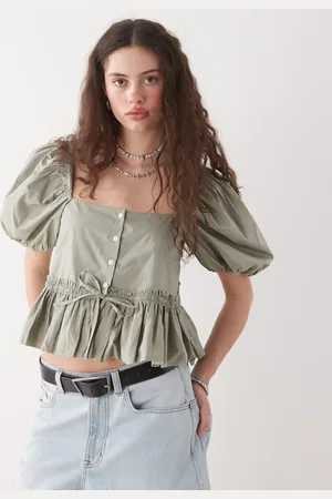 Monki Puff sleeve milkmaid peplum blouse in khaki
