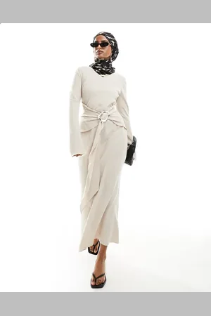 DASKA Long sleeve maxi dress with fluted hem and belt detail in cream