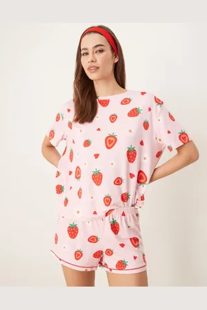 Urban Threads Oversized pajama top and shorts in strawberry print