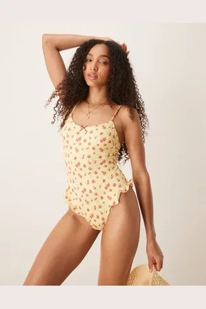 ASOS Cherry/rose ruffle leg swimsuit with removeable padding in butter