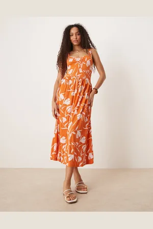 ASOS Crinkle sweetheart neck midi dress in orange and white floral print