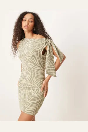 ASOS One shoulder tie knot detail mini dress in green zebra print