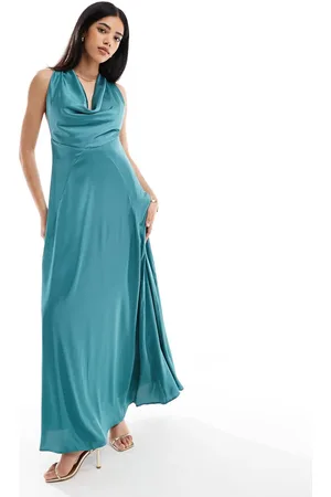 TFNC Cowl neck satin maxi dress with open back in teal
