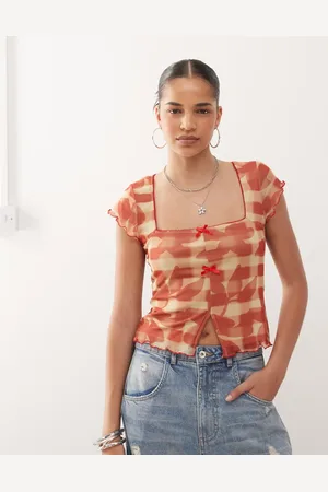 Reclaimed Square neck mesh top in plaid floral print