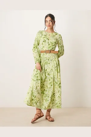 ASOS Linen look maxi dress with voile godets in green floral print