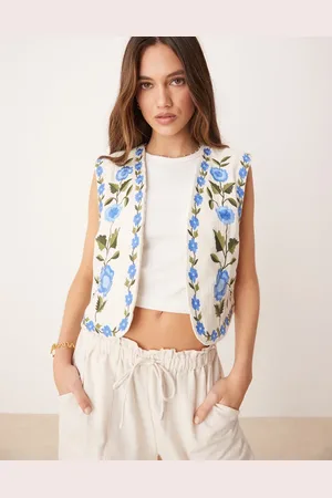 Y.A.S Festival boho floral embroidered open vest in cream and blue