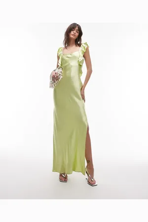 Topshop Ruffle shoulder satin slip dress in deep lime