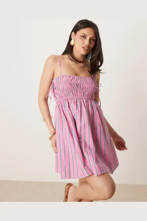 Abercrombie & Fitch Babydoll smocked poplin maxi dress in and blue stripes