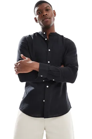 Only & Sons Linen mix stand collar shirt in black
