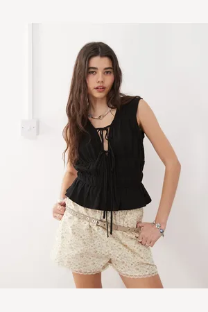 Reclaimed Ruched tie front top linen blend top in