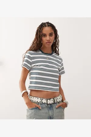 COLLUSION Jersey striped shrunken tee in stone