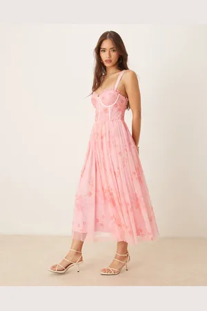 Lace & Beads Tulle corset midi dress in pink floral