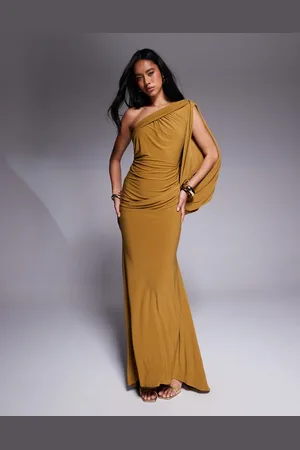 ASOS Premium asymmetric one sleeve maxi dress with draped back in bronze