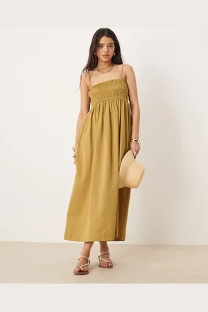 ASOS Shirred bust cotton sateen maxi dress in moss
