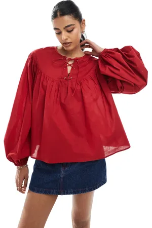 ASOS Smock top with lace up neck detail in burgundy