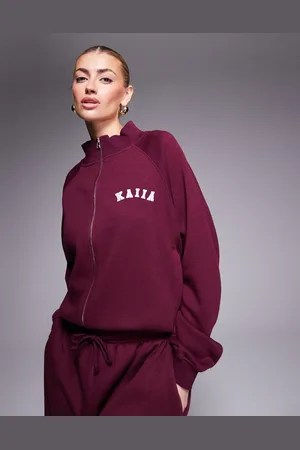 Kaiia Oversized zip up contrast logo bomber style sweatshirt in burgundy - part of a set