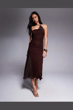 ASOS Stretch chiffon one shoulder midi dress with patchworked lace in chocolate
