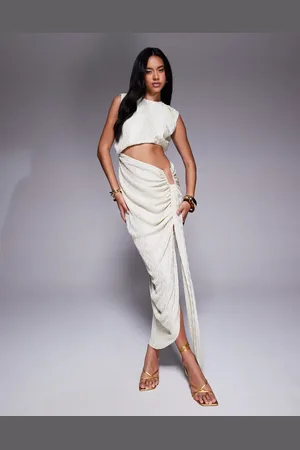 ASOS Metallic plisse midi dress with angular waist trim in cream