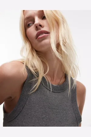 Topshop Ribbed racer neck tank top in heathered charcoal