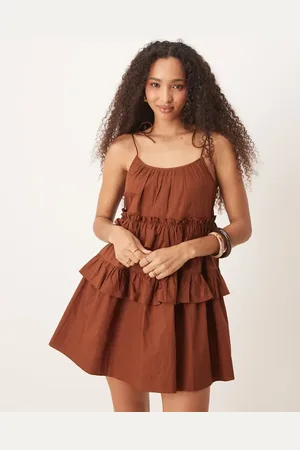 ASOS Ruffle tiered mini dress in chocolate