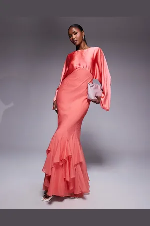 ASOS Cape sleeve godet maxi dress in coral