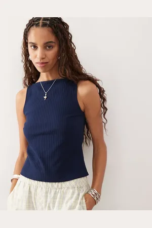 COLLUSION Slash neck ribbed tank top in navy
