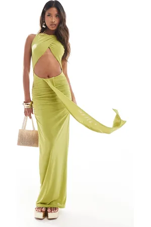 Murci Drape detail cut out high neck maxi dress in lime