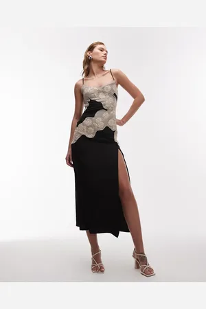 Topshop Contrast raffia insert midi slip dress in