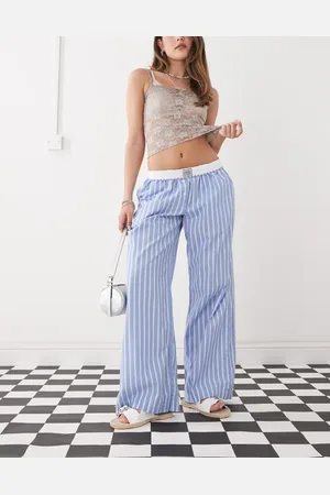 Monki Wide leg pull on pants with foldable waistband in and white stripes