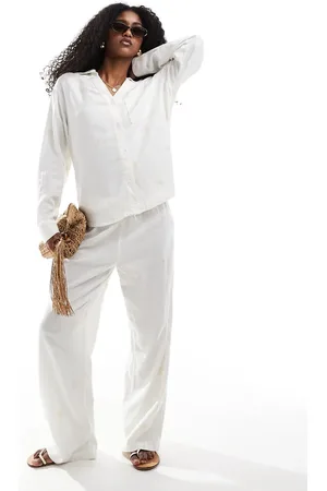 ONLY Linen mix embroidered wide leg pull on pants in - part of a set