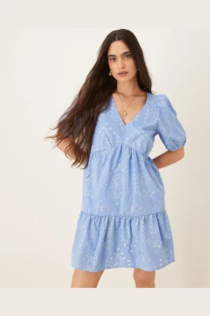 JDY Dropped waist mini dress with embroidery in