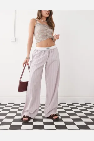 Monki Wide leg pull on pants with foldable waistband in light stripes