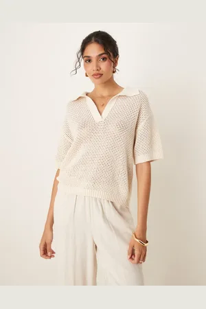 JDY Open knit polo top in beige